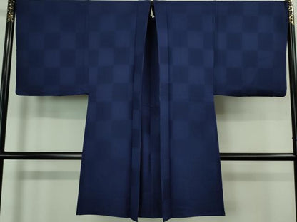 平和屋着物＃極上 男性 長羽織 キングサイズ 市松地紋 深縹色 逸品 DZAB0835kh5