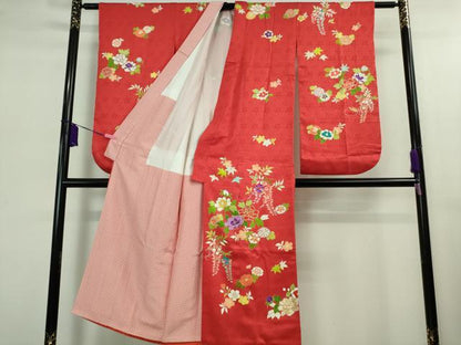 平和屋本店■極上　創業460年・千總　七五三　女の子　7歳　祝着・帯セット　駒刺繍　吉祥花文　赤色　金彩　逸品　DZAB0847kh5