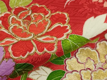 平和屋本店■極上　創業460年・千總　七五三　女の子　7歳　祝着・帯セット　駒刺繍　吉祥花文　赤色　金彩　逸品　DZAB0847kh5