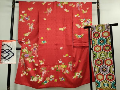 平和屋本店■極上　創業460年・千總　七五三　女の子　7歳　祝着・帯セット　駒刺繍　吉祥花文　赤色　金彩　逸品　DZAB0847kh5