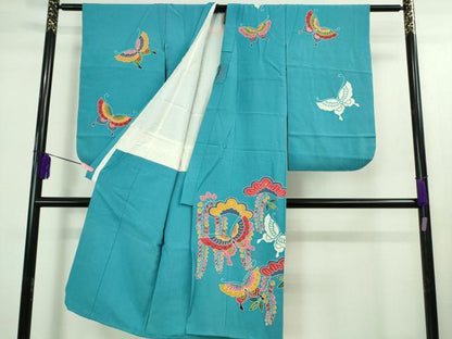 平和屋本店■極上　和染紅型　栗山紅型　栗山吉三郎　七五三　女の子　7歳　祝着　舞蝶松藤花房　天色地　逸品　DZAB0849kh5