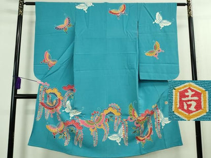 平和屋本店■極上　和染紅型　栗山紅型　栗山吉三郎　七五三　女の子　7歳　祝着　舞蝶松藤花房　天色地　逸品　DZAB0849kh5