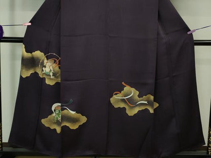平和屋本店■極上　訪問着　風神雷神　紫紺色地　金彩　反端付き　逸品　DZAB0860kh5