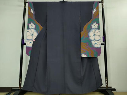 平和屋着物■極上　世界的人形師　辻村寿三郎 ジュサブロー 振袖・長襦袢(半衿刺繍・無双仕立て)セット　花　青褐色地　逸品　DZAB0865kh5