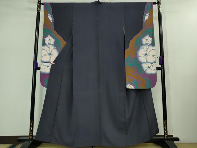平和屋着物■極上　世界的人形師　辻村寿三郎 ジュサブロー 振袖・長襦袢(半衿刺繍・無双仕立て)セット　花　青褐色地　逸品　DZAB0865kh5