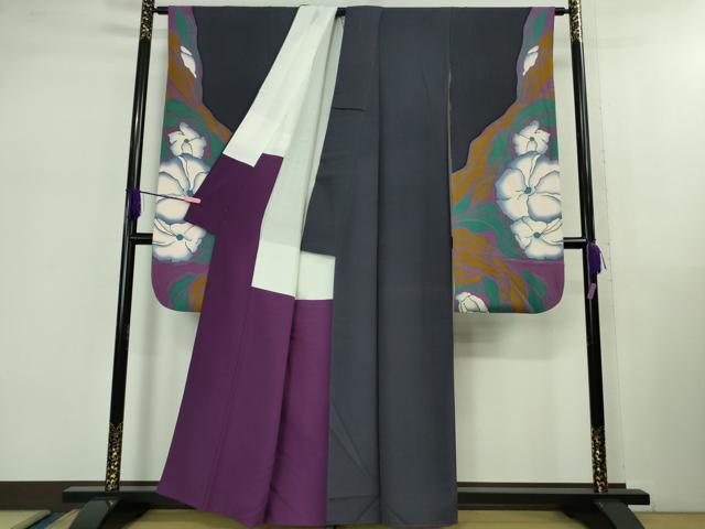 平和屋着物■極上　世界的人形師　辻村寿三郎 ジュサブロー 振袖・長襦袢(半衿刺繍・無双仕立て)セット　花　青褐色地　逸品　DZAB0865kh5