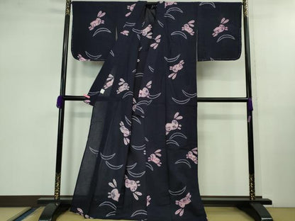 平和屋着物∴極上 夏物 浴衣 有松鳴海絞り 飛兎 うさぎ 紺色地 綿 逸品 未使用 DZAB0879kh5