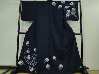 平和屋着物■極上　夏物　浴衣　有松鳴海絞り　団扇　うちわ　紺色地　綿　逸品　DZAB0880kh5
