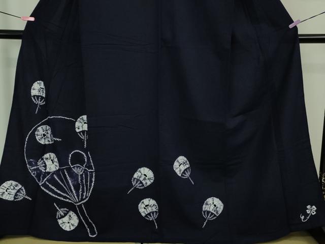 平和屋着物■極上　夏物　浴衣　有松鳴海絞り　団扇　うちわ　紺色地　綿　逸品　DZAB0880kh5
