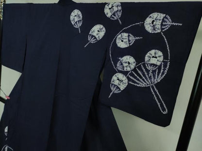 平和屋着物■極上　夏物　浴衣　有松鳴海絞り　団扇　うちわ　紺色地　綿　逸品　DZAB0880kh5