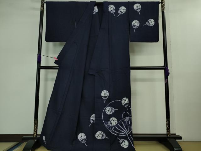 平和屋着物■極上　夏物　浴衣　有松鳴海絞り　団扇　うちわ　紺色地　綿　逸品　DZAB0880kh5