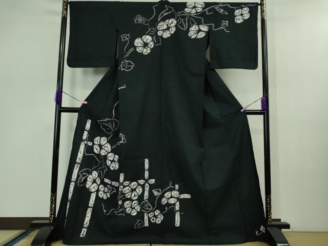 平和屋着物∴極上 夏物 浴衣 有松鳴海絞り 朝顔 黒地 綿 逸品 DZAB0881kh5