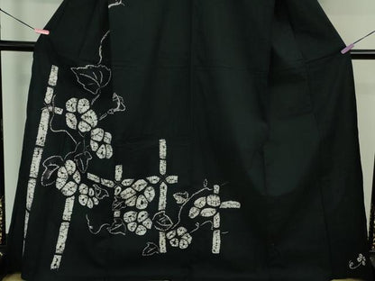 平和屋着物∴極上 夏物 浴衣 有松鳴海絞り 朝顔 黒地 綿 逸品 DZAB0881kh5