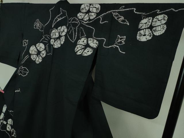 平和屋着物∴極上 夏物 浴衣 有松鳴海絞り 朝顔 黒地 綿 逸品 DZAB0881kh5