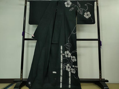 平和屋着物∴極上 夏物 浴衣 有松鳴海絞り 朝顔 黒地 綿 逸品 DZAB0881kh5