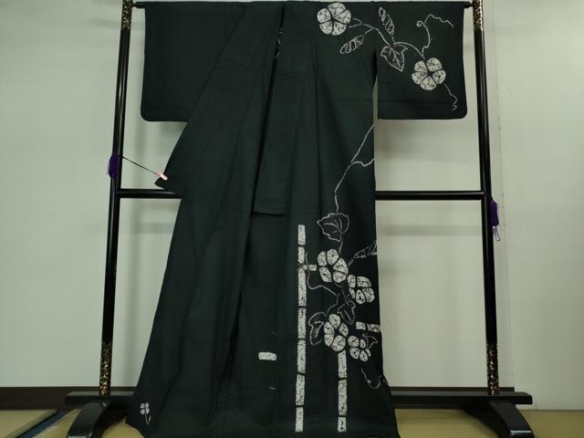 平和屋着物∴極上 夏物 浴衣 有松鳴海絞り 朝顔 黒地 綿 逸品 DZAB0881kh5