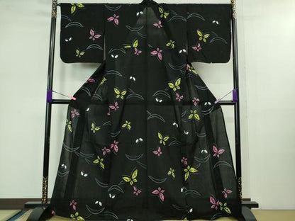 平和屋着物∴極上 夏物 浴衣 有松鳴海絞り 舞蝶文 黒地 綿 逸品 未使用 DZAB0882kh5