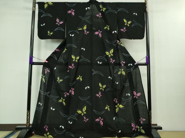 平和屋着物∴極上 夏物 浴衣 有松鳴海絞り 舞蝶文 黒地 綿 逸品 未使用 DZAB0882kh5