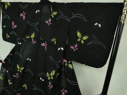 平和屋着物∴極上 夏物 浴衣 有松鳴海絞り 舞蝶文 黒地 綿 逸品 未使用 DZAB0882kh5