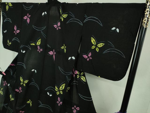 平和屋着物∴極上 夏物 浴衣 有松鳴海絞り 舞蝶文 黒地 綿 逸品 未使用 DZAB0882kh5
