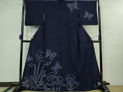 平和屋着物■極上　夏物　浴衣　有松鳴海絞り　舞蝶花文　紺色地　綿　逸品　DZAB0883kh5