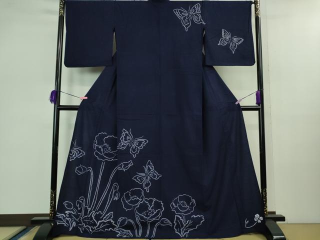 平和屋着物■極上　夏物　浴衣　有松鳴海絞り　舞蝶花文　紺色地　綿　逸品　DZAB0883kh5