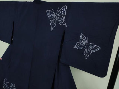 平和屋着物■極上　夏物　浴衣　有松鳴海絞り　舞蝶花文　紺色地　綿　逸品　DZAB0883kh5