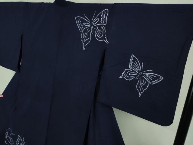 平和屋着物■極上　夏物　浴衣　有松鳴海絞り　舞蝶花文　紺色地　綿　逸品　DZAB0883kh5