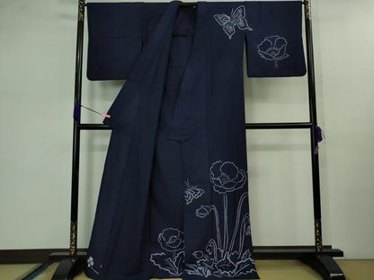 平和屋着物■極上　夏物　浴衣　有松鳴海絞り　舞蝶花文　紺色地　綿　逸品　DZAB0883kh5