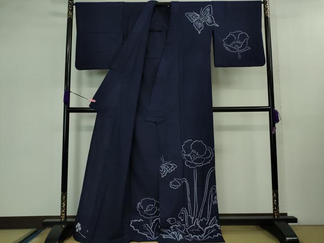 平和屋着物■極上　夏物　浴衣　有松鳴海絞り　舞蝶花文　紺色地　綿　逸品　DZAB0883kh5