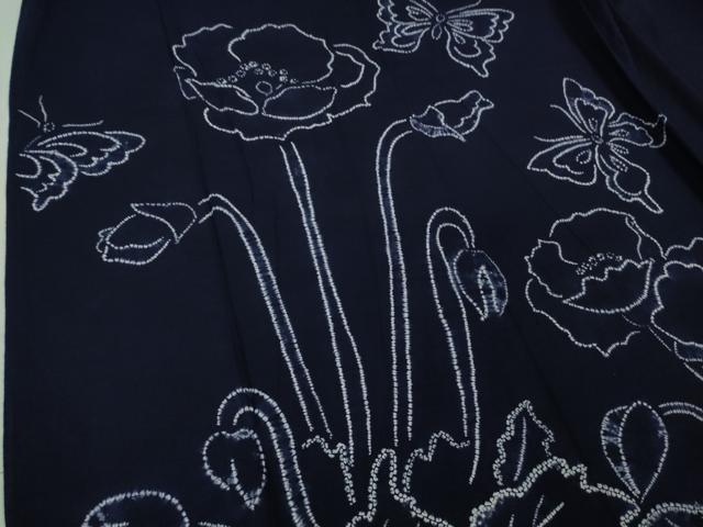平和屋着物■極上　夏物　浴衣　有松鳴海絞り　舞蝶花文　紺色地　綿　逸品　DZAB0883kh5