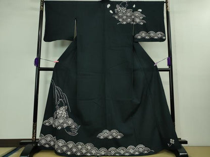 平和屋着物■極上　夏物　浴衣　有松鳴海絞り　鯉の滝登り　黒地　綿　逸品　DZAB0884kh5