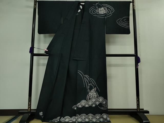 平和屋着物■極上　夏物　浴衣　有松鳴海絞り　鯉の滝登り　黒地　綿　逸品　DZAB0884kh5