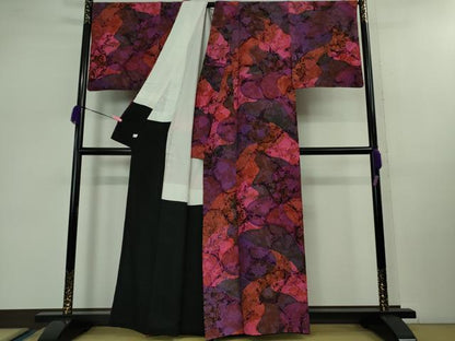 平和屋本店■極上　前田仁仙　仁仙更紗　小紋　京友禅　仁仙花布　鬼しぼ縮緬　反端付き　逸品　DZAB0886kh5