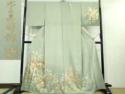 平和屋本店■極上　金彩友禅　卓越技能者・名工・和田光正　訪問着　花車　花籠　柳鼠色地　暈し染め　金銀彩　逸品　未使用　DZAB0891kh5