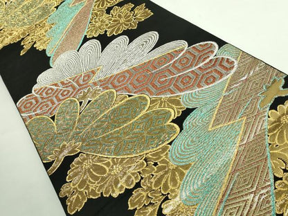 平和屋着物●極上 西陣 川島織物 六通柄 本袋帯 裏菊 黒地 金銀糸 逸品 DZAB0959kh5