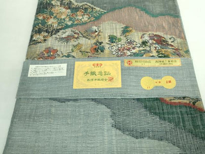 平和屋着物●極上 西陣 老舗 渡文謹製 手織 すくひ 両面 太鼓柄袋帯 スリーシーズン帯 花鳥文 金糸 証紙付き 逸品 DZAB0968kh5