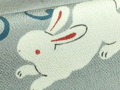 平和屋着物●極上 九寸名古屋帯 立波に兎 灰色地 鬼しぼ縮緬 逸品 DZAB0986kh5