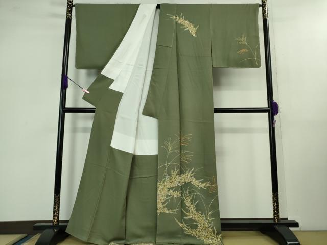 平和屋本店■極上　創業460年・千總　訪問着　草葉文　利休色地　暈し染め　金彩　紙タグ・反端付き　逸品　未使用　DZAB1007kh5