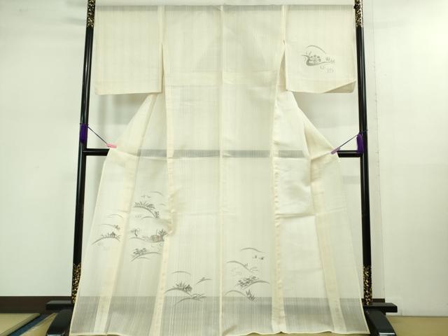 平和屋着物＊極上 夏物 民芸手織 生つむぎ 訪問着 手描き 風景文 象牙色地 証紙付き 逸品 DZAB1027kh5