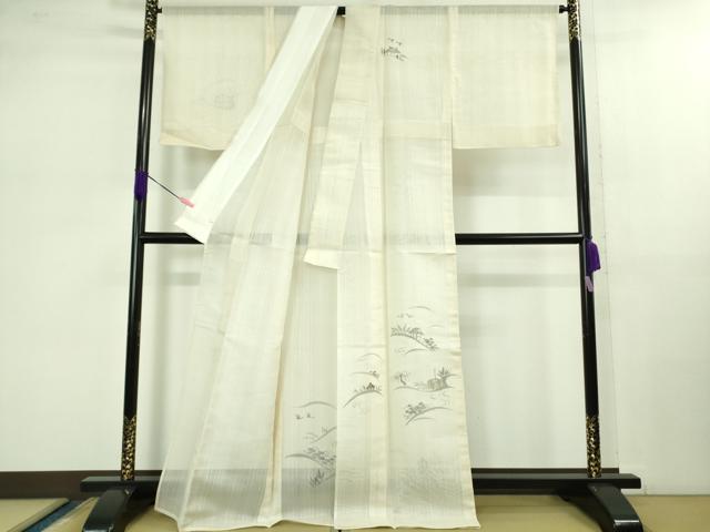 平和屋着物＊極上 夏物 民芸手織 生つむぎ 訪問着 手描き 風景文 象牙色地 証紙付き 逸品 DZAB1027kh5
