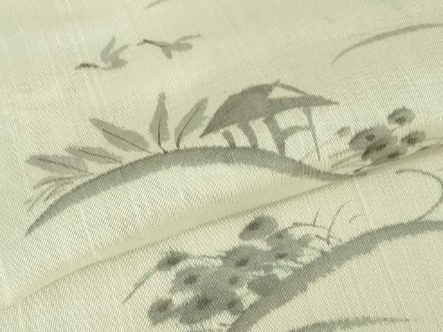 平和屋着物＊極上 夏物 民芸手織 生つむぎ 訪問着 手描き 風景文 象牙色地 証紙付き 逸品 DZAB1027kh5