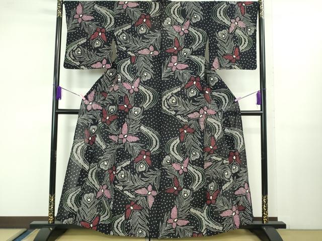 平和屋着物∴極上 夏物 浴衣 有松鳴海絞り 舞蝶文 黒地 綿 逸品 DZAB1056kh5