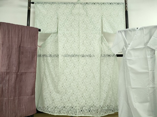 平和屋着物∴極上　夏物 浴衣・小紋兼用　肌襦袢・兵児帯(濃色)3点セット　レース　花唐草文　スカイグリーン色　逸品　新品　DZAB10611kh6