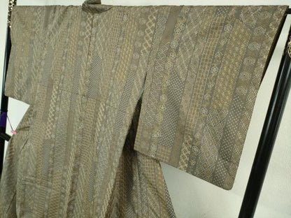 平和屋本店■極上　紬　刺し子　総刺繍　名物裂花間道　煤色地　逸品　DZAB1107kh5