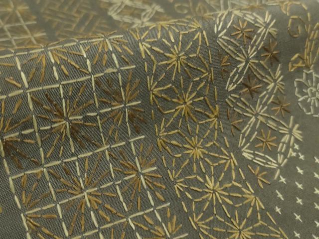 平和屋本店■極上　紬　刺し子　総刺繍　名物裂花間道　煤色地　逸品　DZAB1107kh5