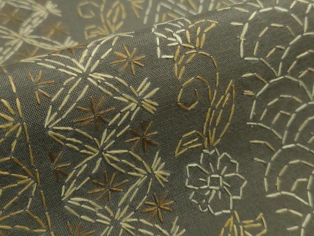 平和屋本店■極上　紬　刺し子　総刺繍　名物裂花間道　煤色地　逸品　DZAB1107kh5