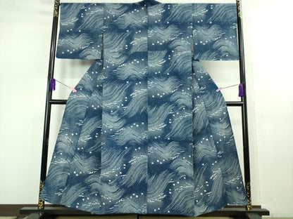 平和屋着物∴極上 夏物 竺仙 綿 浴衣 立波に千鳥 逸品 DZAB1116kh5