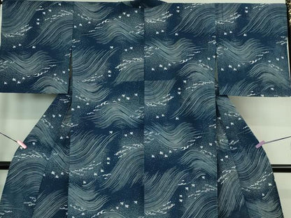 平和屋着物∴極上 夏物 竺仙 綿 浴衣 立波に千鳥 逸品 DZAB1116kh5