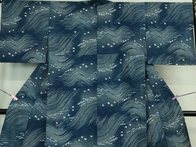 平和屋着物∴極上 夏物 竺仙 綿 浴衣 立波に千鳥 逸品 DZAB1116kh5
